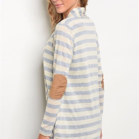 ALWAYS ME' Linen Blend Blue Striped Drape Front Elbow Patch Medium Cardigan - Picture 6 of 8
